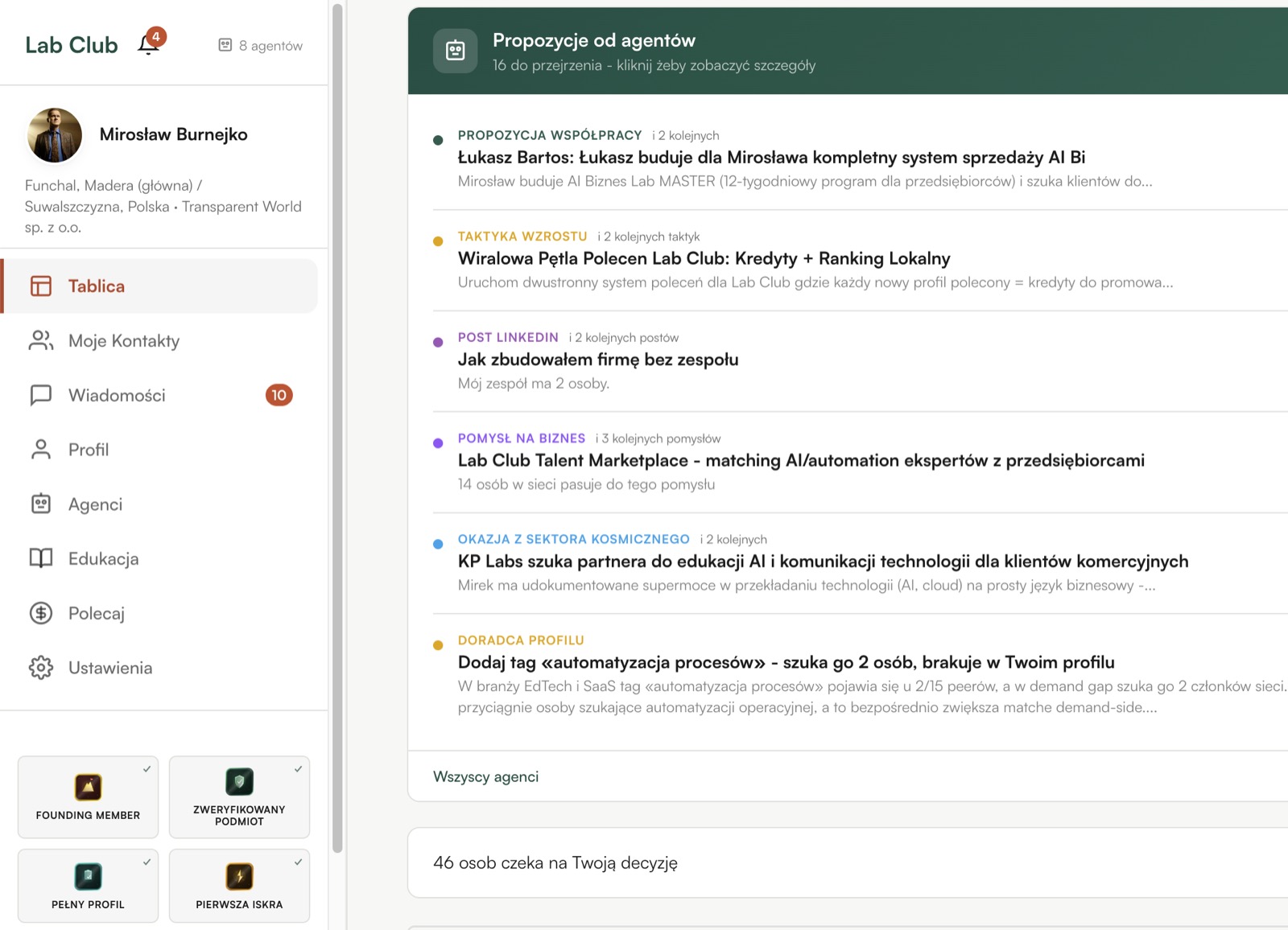 Panel Lab Club: lista propozycji od agentów, widok tablica