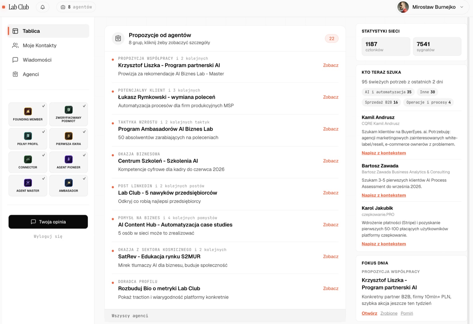 Portal Lab Club: rytm tygodnia, profil, sieć i propozycje od agentów